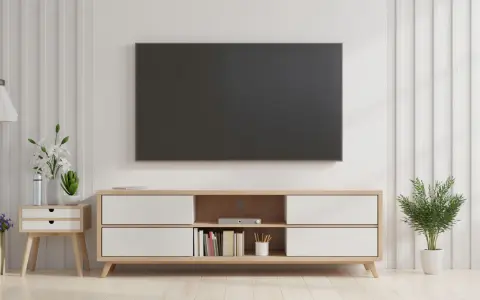 Un salón moderno con una tv colgada en la pared sin cables visibles. Un mueble bajo de madera clara con cajones blancos y estantes con libros y plantas.
