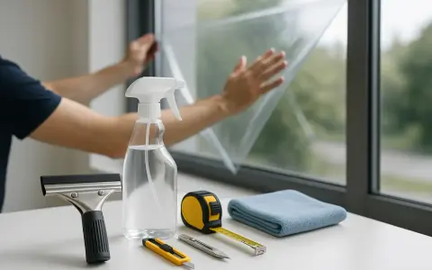 Person bringt Fensterfolie an. Werkzeuge wie Rakel, Sprühflasche, Cutter, Maßband und Tuch liegen bereit.
