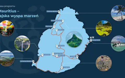Mapa pokazuje, gdzie leży Mauritius, z zaznaczonymi atrakcjami: plaże, wodospady, jeziora, góry i żółwie.