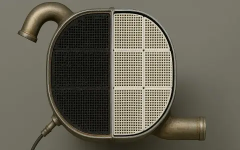 Filtro antiparticolato intasato: rischi evidenti nella metà nera. La parte bianca mostra il filtro pulito.