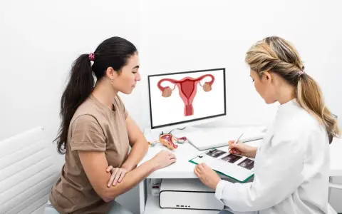 Lekarka wyjaśnia pacjentce, co to jest endometrium, pokazując schemat narządów rodnych na monitorze.
