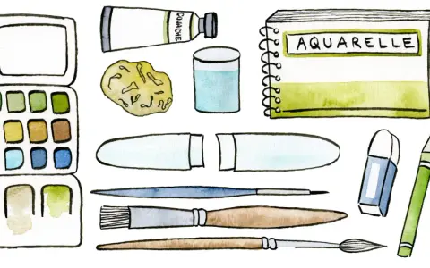 Palette d'aquarelle, pinceaux, tube de gouache, carnet, gomme, crayons et stylos. Tout le materiel paysage pour peindre.
