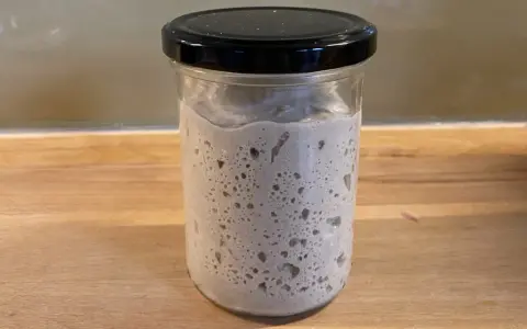 Ein Glas mit Sauerteig, dessen Konsistenz durch viele kleine Bläschen und eine luftige Struktur gekennzeichnet ist.