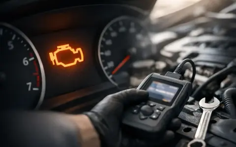 Motorkontrollleuchte leuchtet auf, ein Mechaniker prüft mit einem Diagnosegerät, ob der Katalysator defekt ist.