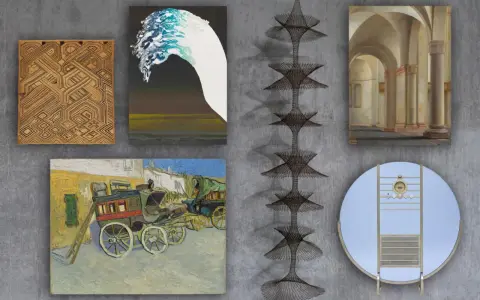 A curated selection from the David Geffen art collection, featuring diverse artworks including a woven textile, abstract paintings, a classical architectural scene, and a unique wire sculpture.