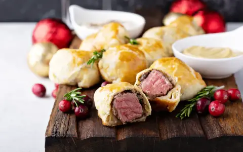 Bouchées à la reine dorées, garnies de viande juteuse, sur une planche en bois avec des canneberges et des décorations festives.