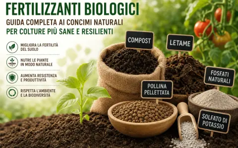 Fertilizzanti biologici: compost, letame, pollina pellettata, fosfati naturali e solfato di potassio per colture sane e resilienti.