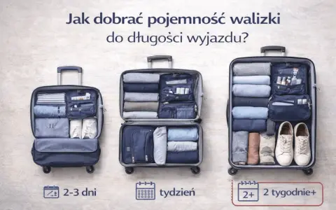 Trzy otwarte walizki z ubraniami i akcesoriami, pokazujące różną pojemność.