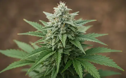 Kwiatostan odmiany White Widow, pokryty białym, krystalicznym oszronieniem, otoczony zielonymi liśćmi.