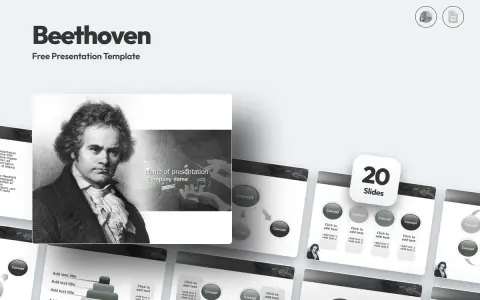 Szablon prezentacji "Beethoven" z portretem kompozytora i elementami graficznymi nawiązującymi do muzyki.