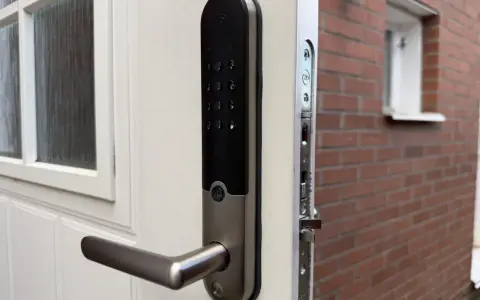 Yale Doorman, en smart lås som kan styras med Google Home, monterad på en vit dörr.