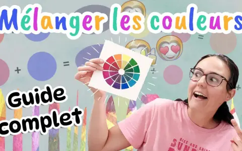 Une femme montre une roue chromatique peinte à l'aquarelle couleur. Le titre "Mélanger les couleurs" et "Guide complet" sont affichés.