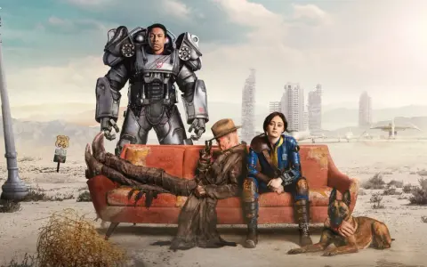 Postapokaliptyczna ekipa na kanapie, czekająca na Fallout 5. W tle zniszczone miasto i znak Route 66.