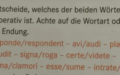 Aufgabe 2a: Finde den **Imperativ latein**! Achte auf Wortart und Endung bei: responde/respondent, avi/audi, plaudite/plaudit, signa/roga, certe/videte, clama/clamori, esse/sume, intrate/ante.