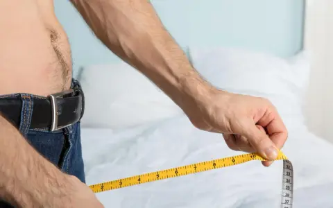 Mężczyzna mierzy obwód talii centymetrem. Czy penis to mięsień? To pytanie nurtuje wielu, ale centymetr pokazuje tylko obwód.