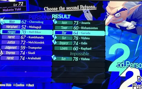 Makoto Yuki, nivel 72, elige su segunda Persona. La pantalla muestra resultados de fusión, con "Star" y "Garuda" resaltados.