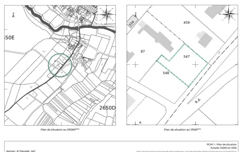 Plan de construction montrant deux cartes : une vue d'ensemble au 1/5000ème et un zoom au 1/500ème sur la parcelle 547.
