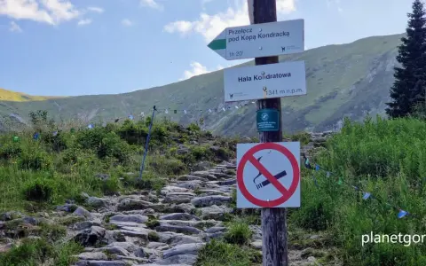 Kamienisty szlak prowadzi do Hali Kondratowej. Wskazówki kierują na Przełęcz pod Kopą Kondracką.