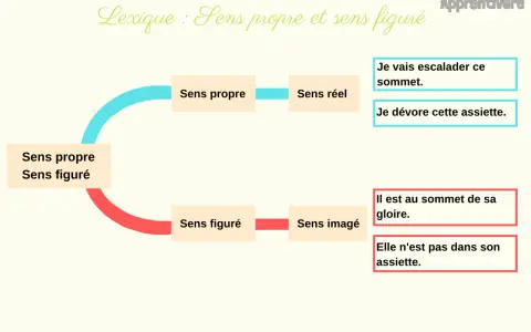 Schéma expliquant le sens propre et figuré. Le sens propre, comme un **exutoire** naturel, mène au sens réel. Le sens figuré, tel un **exutoire** métaphorique, mène au sens imagé.