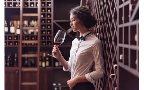 Elegancka sommelierka w piwnicy z winami ocenia aromat czerwonego wina.