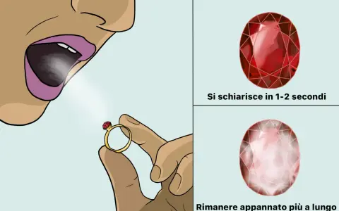 Anello con pietra colore rubino, soffiata si schiarisce subito. Altra pietra rimane appannata.