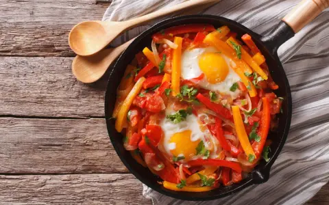 Poêlée de poivrons, tomates et œufs, une recette de piperade savoureuse, garnie de persil frais.