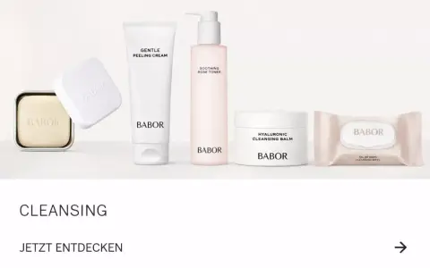 Babor Kosmetikprodukte: Seife, Peeling-Creme, Toner, Reinigungsbalsam und Tücher.