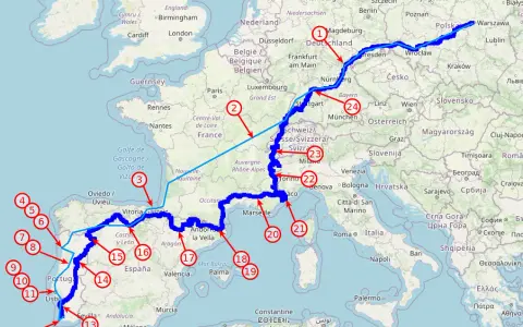 Trasa z Magdeburga do Lizbony, obejmująca wybrzeże lizbońskie, z zaznaczonymi punktami i miastami Europy.