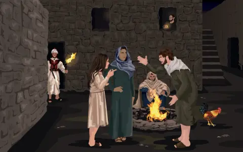 A man with a torch approaches a group gathered around a fire. Blessed are those who are persecuted for righteousness' sake.