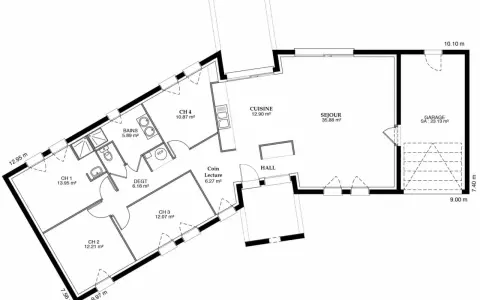 Plan maison 130m2 : 4 chambres, grand séjour, cuisine, salle de bain, WC, coin lecture et garage.