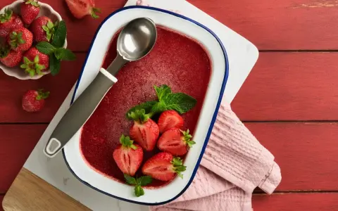 Orzeźwiający lody truskawkowe sorbet w naczyniu, ozdobione świeżymi truskawkami i miętą. Idealny na upalne dni.