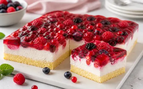 Saftige beerentorte ohne backen mit Himbeeren, Blaubeeren und Johannisbeeren in klarem Gelee auf luftiger Creme.