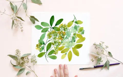 Une peinture à l'eucalyptus aquarelle, avec des touches de vert vif et des feuilles délicates, inspirée par la nature.