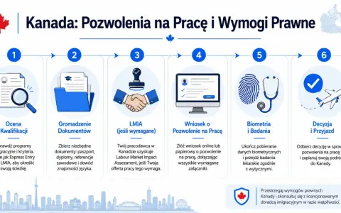 Proces uzyskania pozwolenia na pracę w Kanadzie: ocena kwalifikacji, gromadzenie dokumentów, LMIA, wniosek, biometria i badania, decyzja i przyjazd.