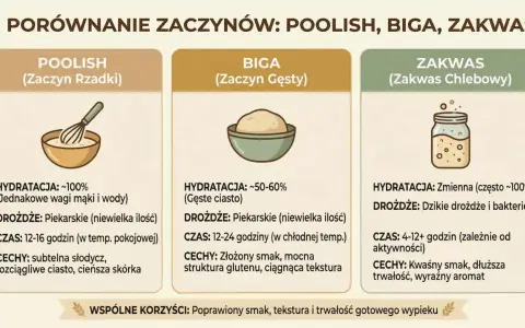 Porównanie zaczynów: poolish, biga, zakwas. Dowiedz się, jakie drożdże do chleba wybrać, by uzyskać najlepszy smak i teksturę wypieku.