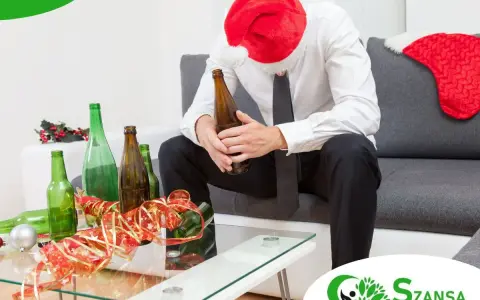 Smutny mężczyzna w czapce Mikołaja siedzi z butelką piwa, otoczony pustymi butelkami. Szukasz co zamiast alkoholu?