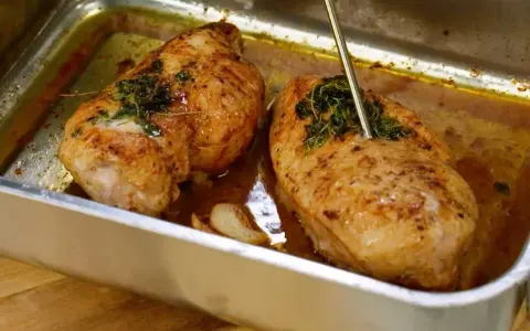 Två saftiga, gyllene grillade kycklingbröst i en ugnsform med örter och vitlök. En termometer mäter temperaturen på den ena kycklingen.