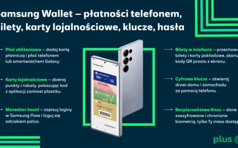 Telefon Samsung z aplikacją Samsung Wallet wyświetlającą karty: pokładową, płatniczą, członkowską i bilet do muzeum.