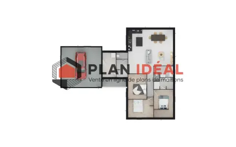 Plan maison senior : vue aérienne d'une maison avec garage, salon, salle à manger, cuisine et chambres.