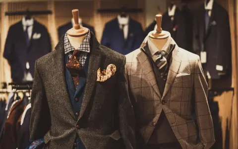 Eleganckie męskie garnitury w różnych kolorach i wzorach, prezentowane na manekinach. W tle widać więcej stylizacji.