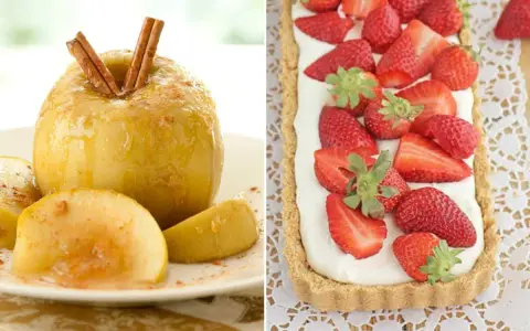 Manzana asada con canela y tarta de fresas con crema.