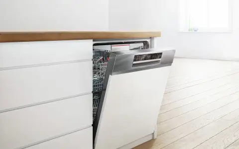 Nowoczesna zmywarka Bosch E92-40 z otwartymi drzwiczkami, ukazująca wnętrze pełne naczyń.