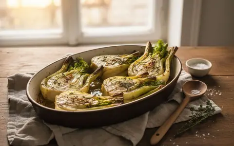 Fenouil braisé aux herbes, doré et tendre, servi dans un plat ovale. Une cuillère en bois et un bol de sel complètent cette scène rustique.