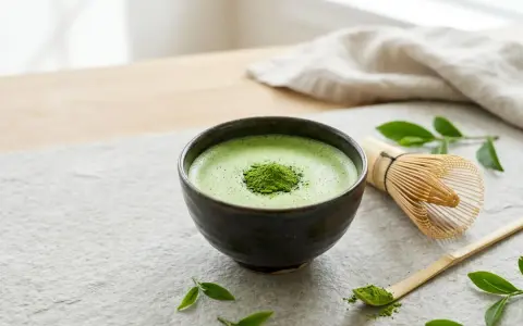 Zielona, spieniona matcha w miseczce, obok bambusowa miotełka i łyżeczka. Idealna na chwilę relaksu. Gdzie kupić taką matchę?