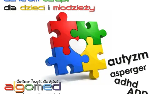 Kolorowe puzzle tworzą serce, symbolizując nadzieję i wsparcie. Centrum terapii dla dzieci i młodzieży oferuje pomoc w zakresie autyzmu, aspergera, adhd i add.