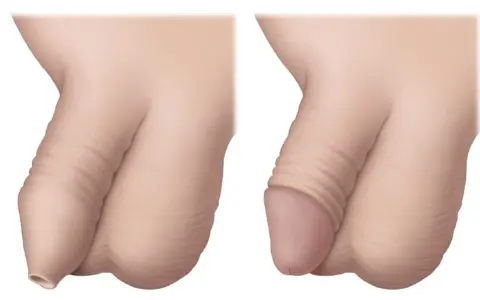 Dwa ujęcia penisa dziecka: po lewej widoczny spuchnięty siusiak, po prawej stan po zabiegu.