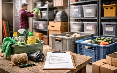Checkliste für das Ausmisten des Kellers: Handschuhe, Reinigungsmittel und eine Rolle Müllbeutel liegen bereit. Ein Mann sortiert im Hintergrund.