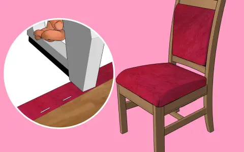 Come rivestire una sedia con schienale: dettaglio di una mano che fissa il tessuto con una sparapunti.