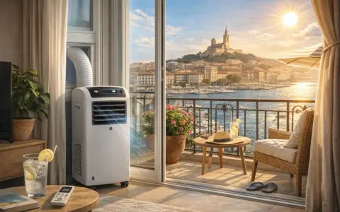 Climatiseur mobile en mode swing, diffusant une brise fraîche sur un balcon avec vue sur la mer et la ville ensoleillée.