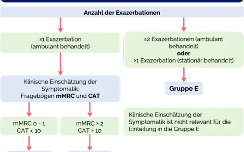 Flussdiagramm zur COPD-Diagnostik: Anzahl der Exazerbationen und klinische Einschätzung der Symptomatik (mMRC, CAT) führen zur Einteilung in Gruppen A, B oder E.